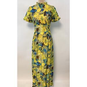 Vintage 70s Maxi Ruffle High Neck Dress Yellow Blue Floral Hippie Mod Medium
